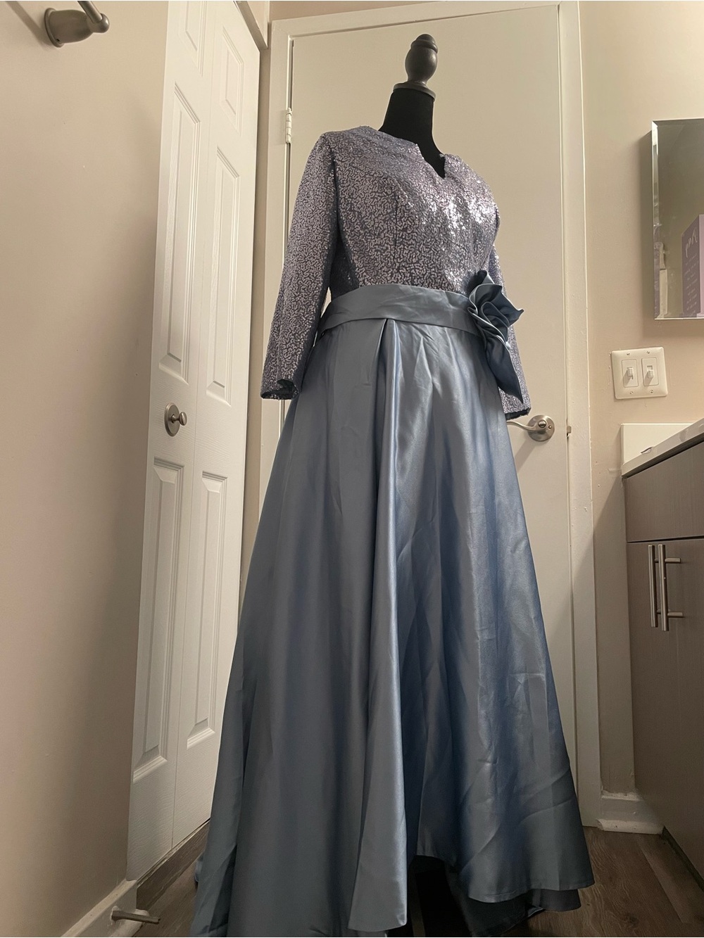 Slate Blue Sequin Bodice with Satin Maxi Skirt with pockets